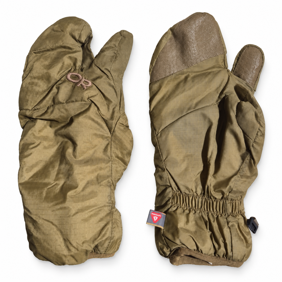 Outdoor Research MGS insulated trigger finger mitt liner pair in coyote, showing back and palm views.