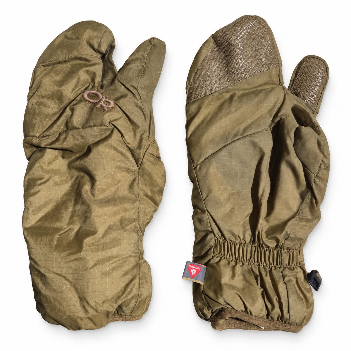 Outdoor Research MGS insulated trigger finger mitt liner pair in coyote, showing back and palm views.