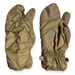 Outdoor Research MGS insulated trigger finger mitt liner pair in coyote, showing back and palm views.
