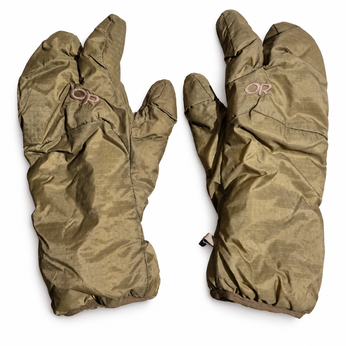 Backs of coyote Outdoor Research MGS mitt liners with embroidered OR logos and separate index fingers.