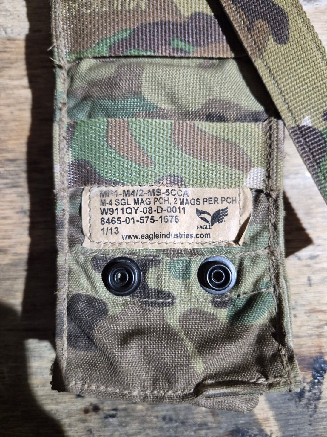 Original Eagle Industries label showing MP1-M4/2-MS-5CCA, NSN 8465-01-575-1676 and two-magazine capacity