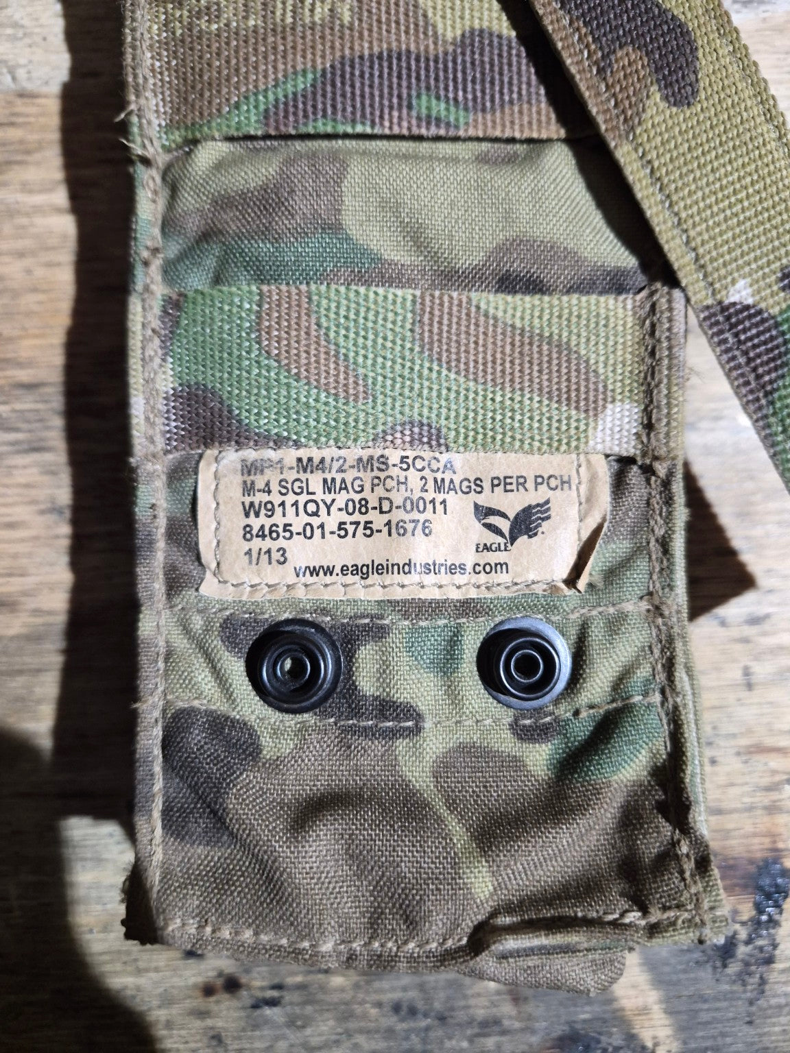 Original Eagle Industries label showing MP1-M4/2-MS-5CCA, NSN 8465-01-575-1676 and two-magazine capacity