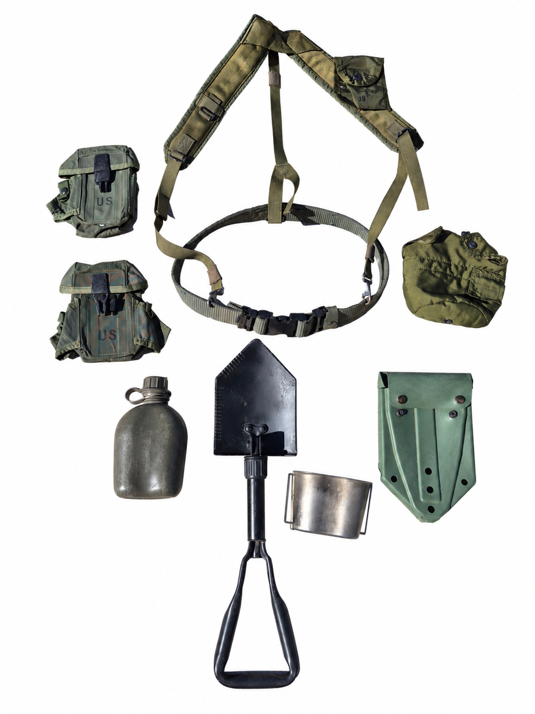 LC-2 ALICE web gear components on white, with optional Ames shovel, green carrier, canteen and cup