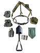 LC-2 ALICE web gear components on white, with optional Ames shovel, green carrier, canteen and cup