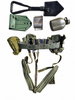 Rear view of LC-2 belt and Y-suspenders on white, with optional shovel, carrier, canteen and cup alongside