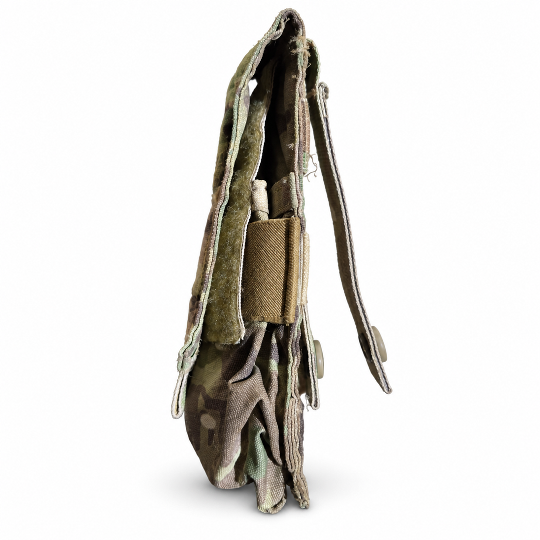 Side view of used Eagle Industries MultiCam M4 pouch showing body elastic and visible fabric wear
