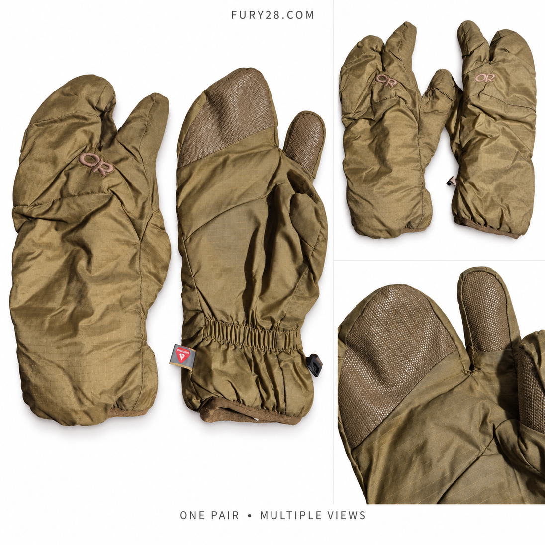 Fury28 collage showing multiple views of one pair of coyote Outdoor Research MGS insulated mitt liners.