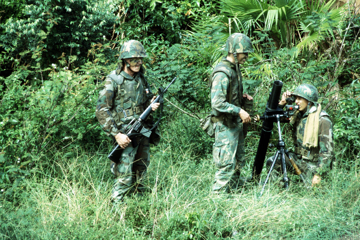 Historical reference: soldiers wearing belt web gear during the joint U.S.-Honduran Ahuas Tara II exercise, 22 May 1984; NARA 6374727