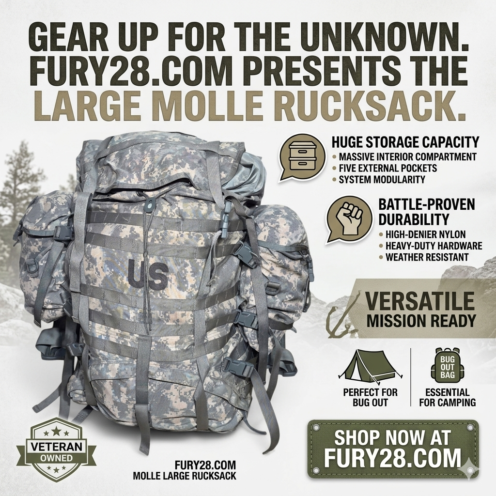 Camouflage rucksack with branding and product features on a white background