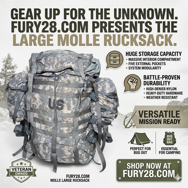 Camouflage rucksack with branding and product features on a white background