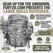 Camouflage rucksack with branding and product features on a white background