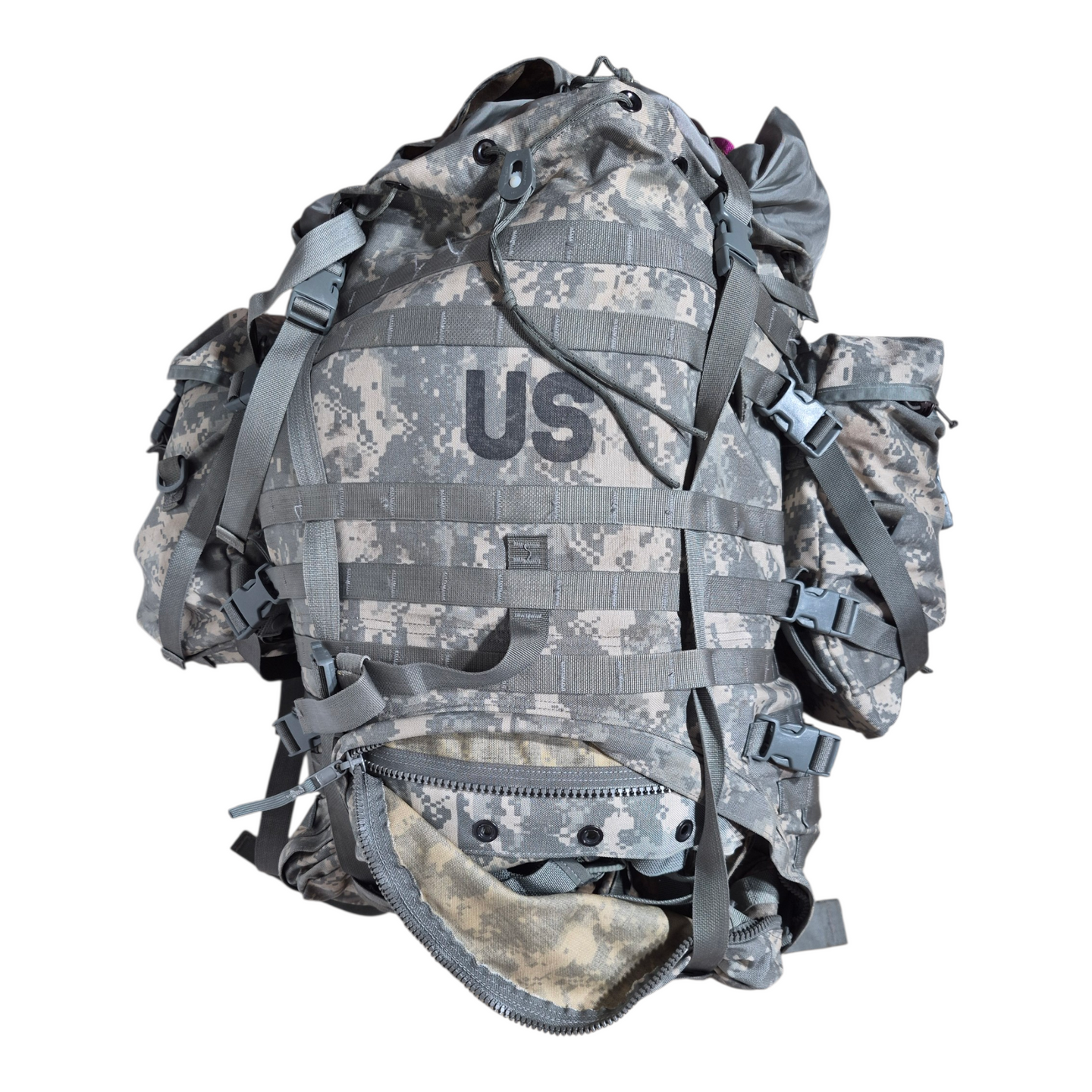 Camouflage backpack with 'US' logo on a white background