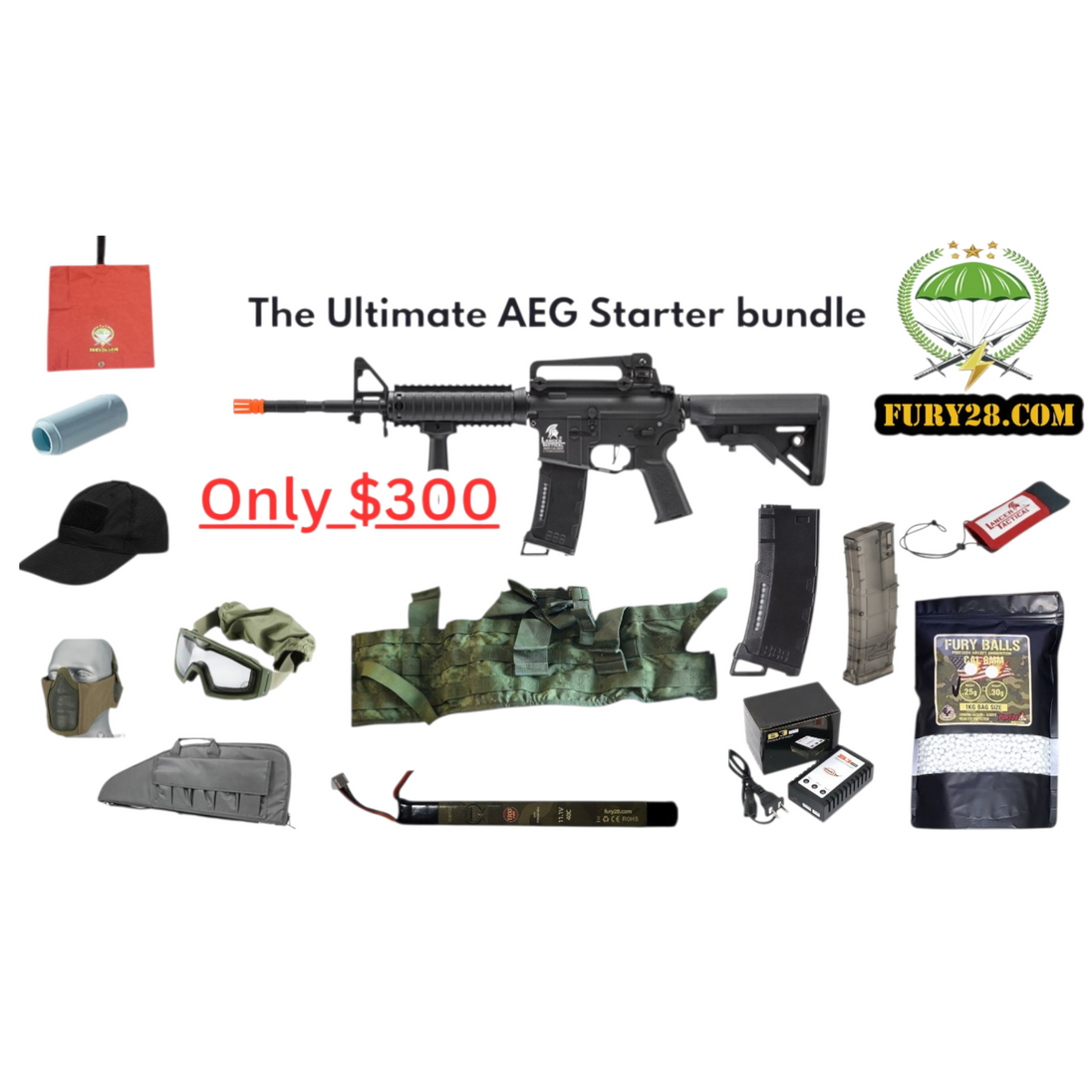 Ultimate AEG Starter bundle with rifle and accessories on a white background, featuring Fury28.com logo.