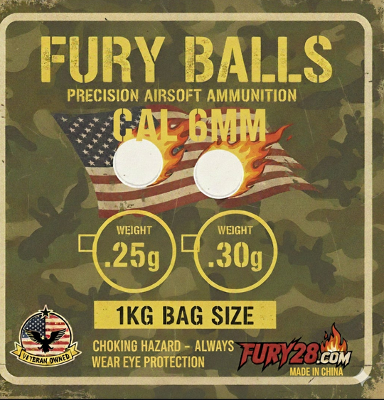 Fury Balls airsoft ammunition packaging with American flag design on a camouflage background