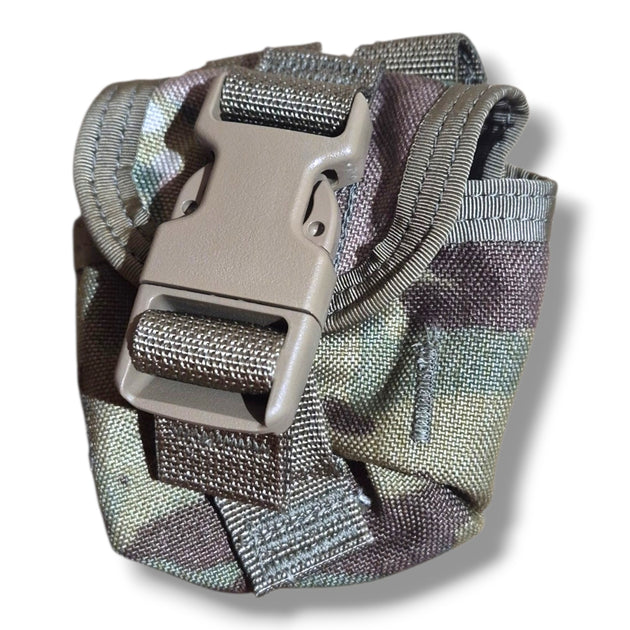 A tactical utility pouch in a muted camouflage pattern of gray, olive green, and brown, featuring a beige plastic quick-release buckle and webbing straps.