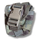 A tactical utility pouch in a muted camouflage pattern of gray, olive green, and brown, featuring a beige plastic quick-release buckle and webbing straps.