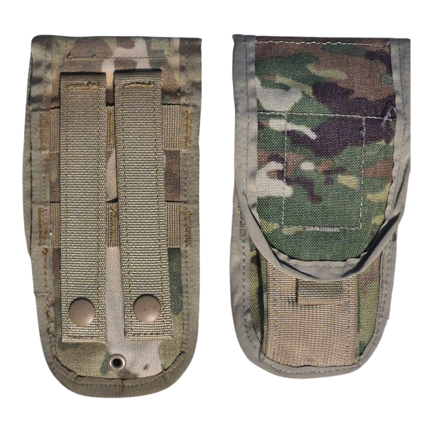 Two camouflage tactical knife sheaths on a white background