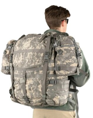 Person wearing a camouflage backpack on a white background
