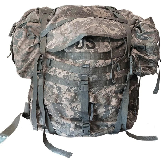 Camouflage backpack with multiple straps on a white background