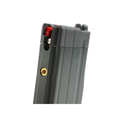 Gray magazine with a red button on a white background