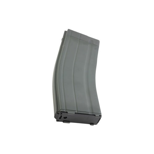 Gray rifle magazine on a white background