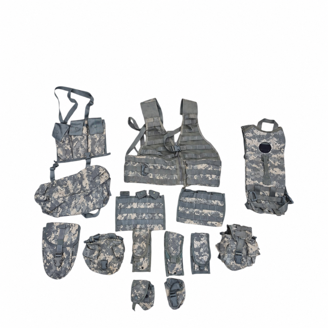 ACU/UCP rifleman kit without the assault pack, showing the FLC vest, hydration carrier and pouch components
