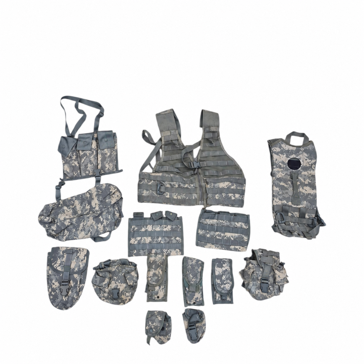 ACU/UCP rifleman kit without the assault pack, showing the FLC vest, hydration carrier and pouch components