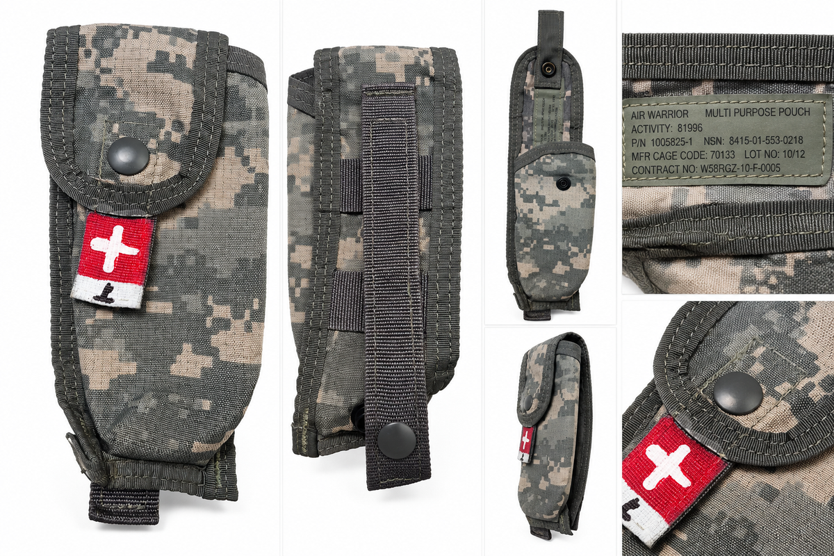 USGI Air Warrior ACU UCP multi-purpose pouch white-background composite showing front, back and NSN label