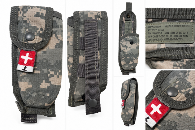 USGI Air Warrior ACU UCP multi-purpose pouch white-background composite showing front, back and NSN label