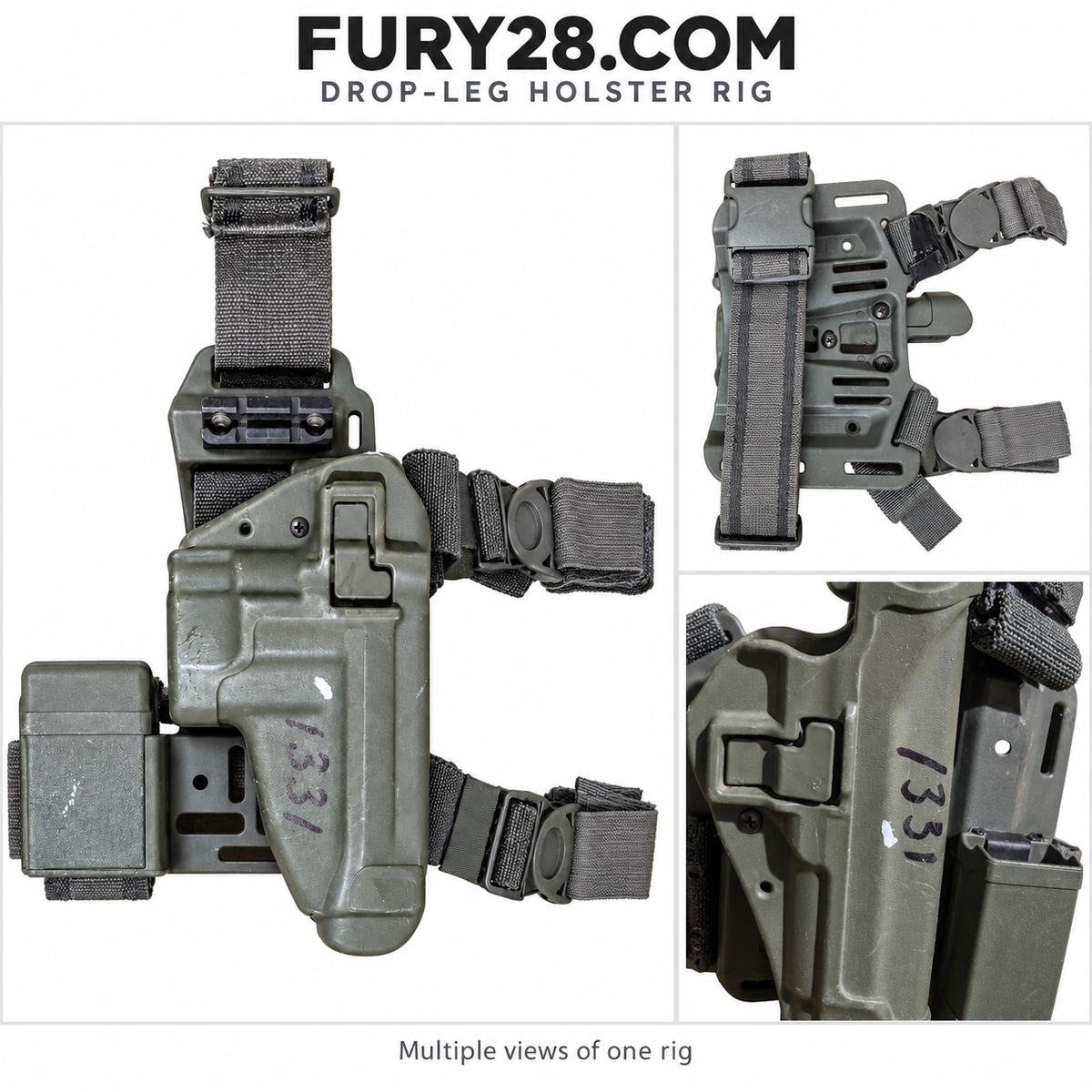 Fury28 collage showing front, rear and condition detail of one foliage green BLACKHAWK holster rig.