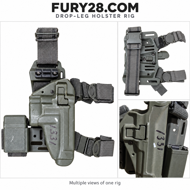 Fury28 collage showing front, rear and condition detail of one foliage green BLACKHAWK holster rig.