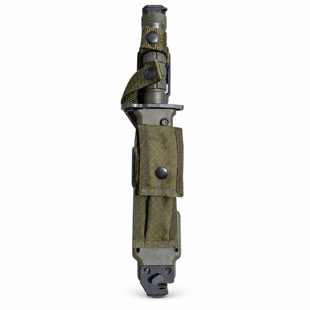 Front view of the Phrobis III M9 in its olive-drab scabbard with attached pouch and retention straps.
