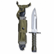 Phrobis III M9 bayonet beside its olive-drab scabbard, showing the four-line maker marking.