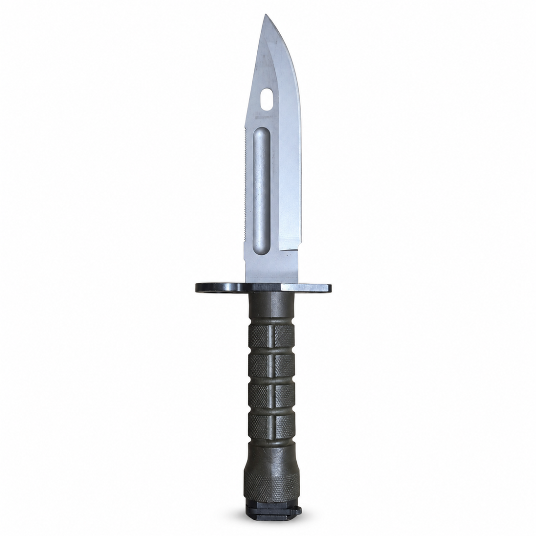 Reverse blade face of the Phrobis III M9 bayonet showing the fuller, oval opening and olive-drab grip.