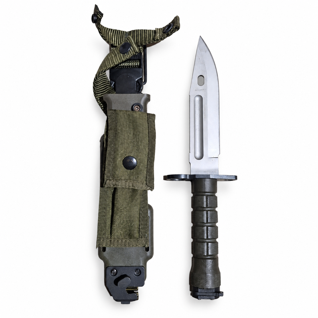 Phrobis III M9 bayonet and olive-drab scabbard with pouch and belt hanger, opposite blade face.