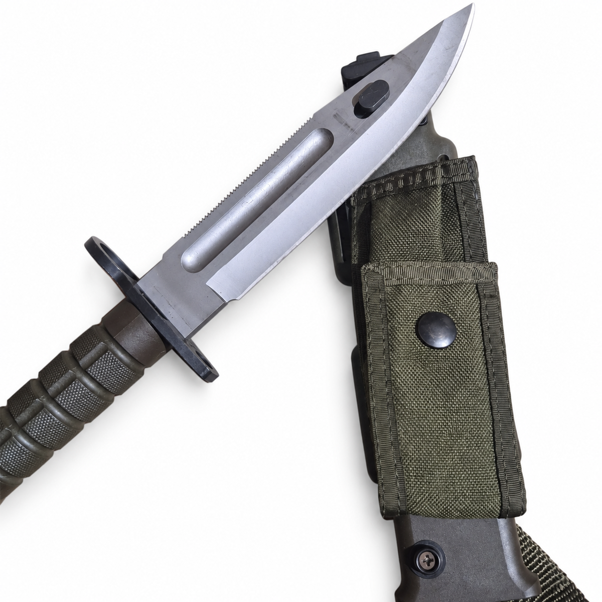 Close view of the Phrobis III M9 blade and metal fitting at the end of the scabbard.