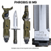 Multiple views of one Phrobis III M9 bayonet and scabbard set, including the sheathed front and maker marking.