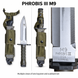 Multiple views of one Phrobis III M9 bayonet and scabbard set, including the sheathed front and maker marking.