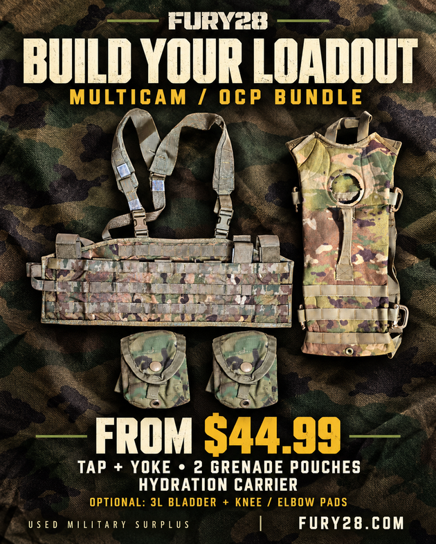 Fury28 Build Your Loadout flyer: MultiCam/OCP TAP with yoke, two grenade pouches and hydration carrier, from $44.99; bladder and knee/elbow pads optional.