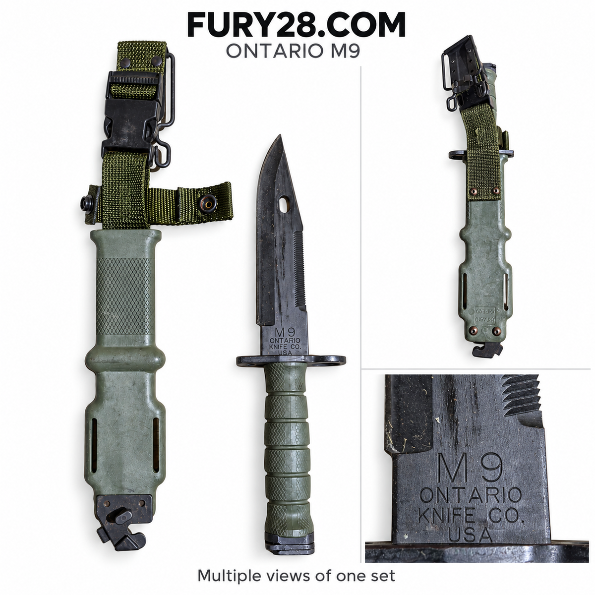 Fury28 collage showing multiple views of one Ontario M9 bayonet and scabbard set, plus its maker marking.