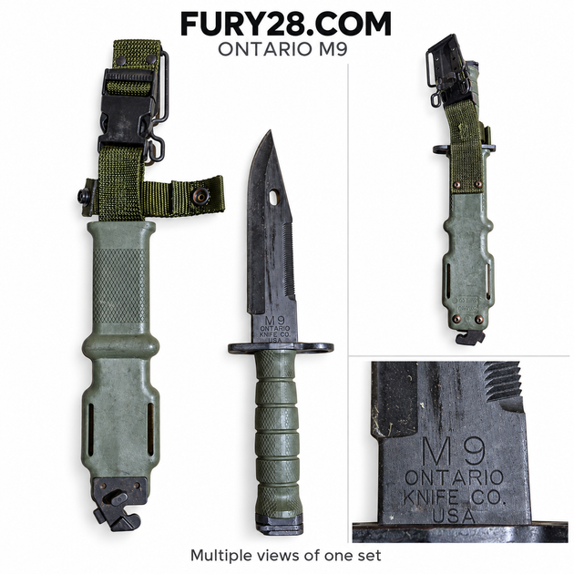Fury28 collage showing multiple views of one Ontario M9 bayonet and scabbard set, plus its maker marking.