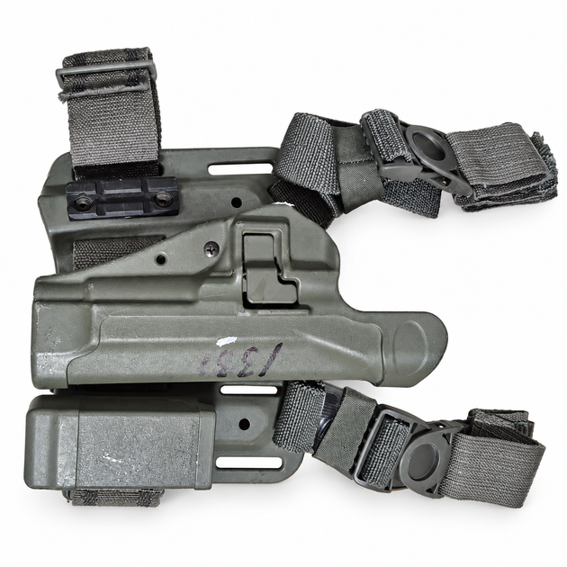 Complete foliage-green holster rig with thigh platform, straps and single magazine carrier.