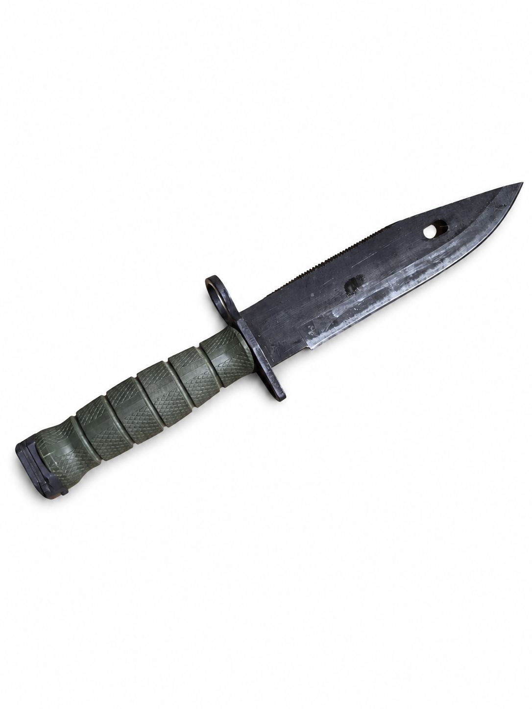 Opposite face of Ontario M9 blade and olive-drab handle.
