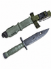 Opposite blade face with olive-drab scabbard and nylon hanger.