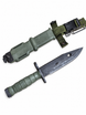 Opposite blade face with olive-drab scabbard and nylon hanger.