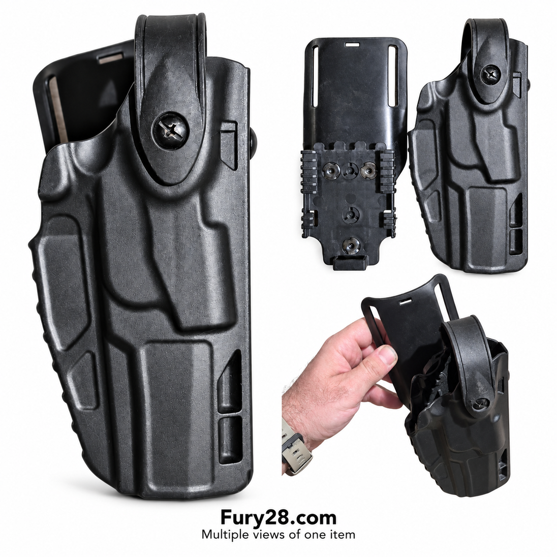 Fury28 collage showing three views of one black Safariland holster and its belt mount