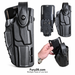 Fury28 collage showing three views of one black Safariland holster and its belt mount
