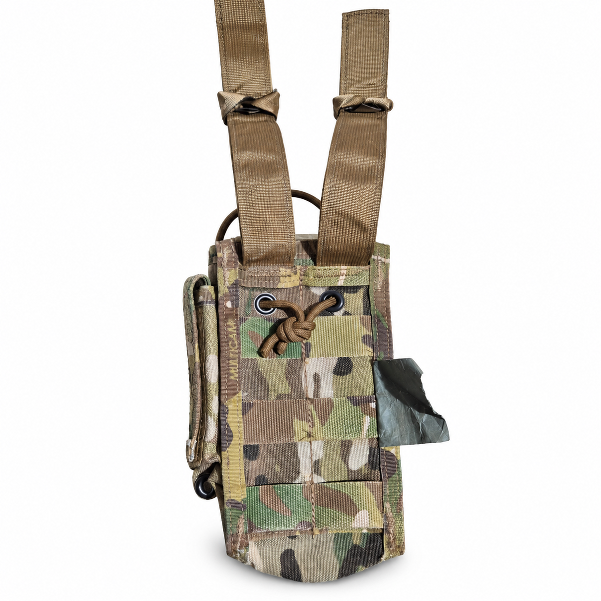 Paraclete MultiCam radio pouch with rear attachment straps extended and cord detail