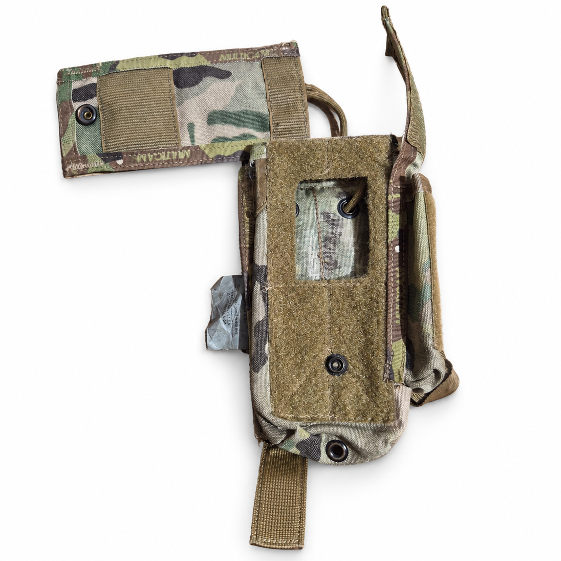 Paraclete radio pouch with front panel opened to show access window and snap