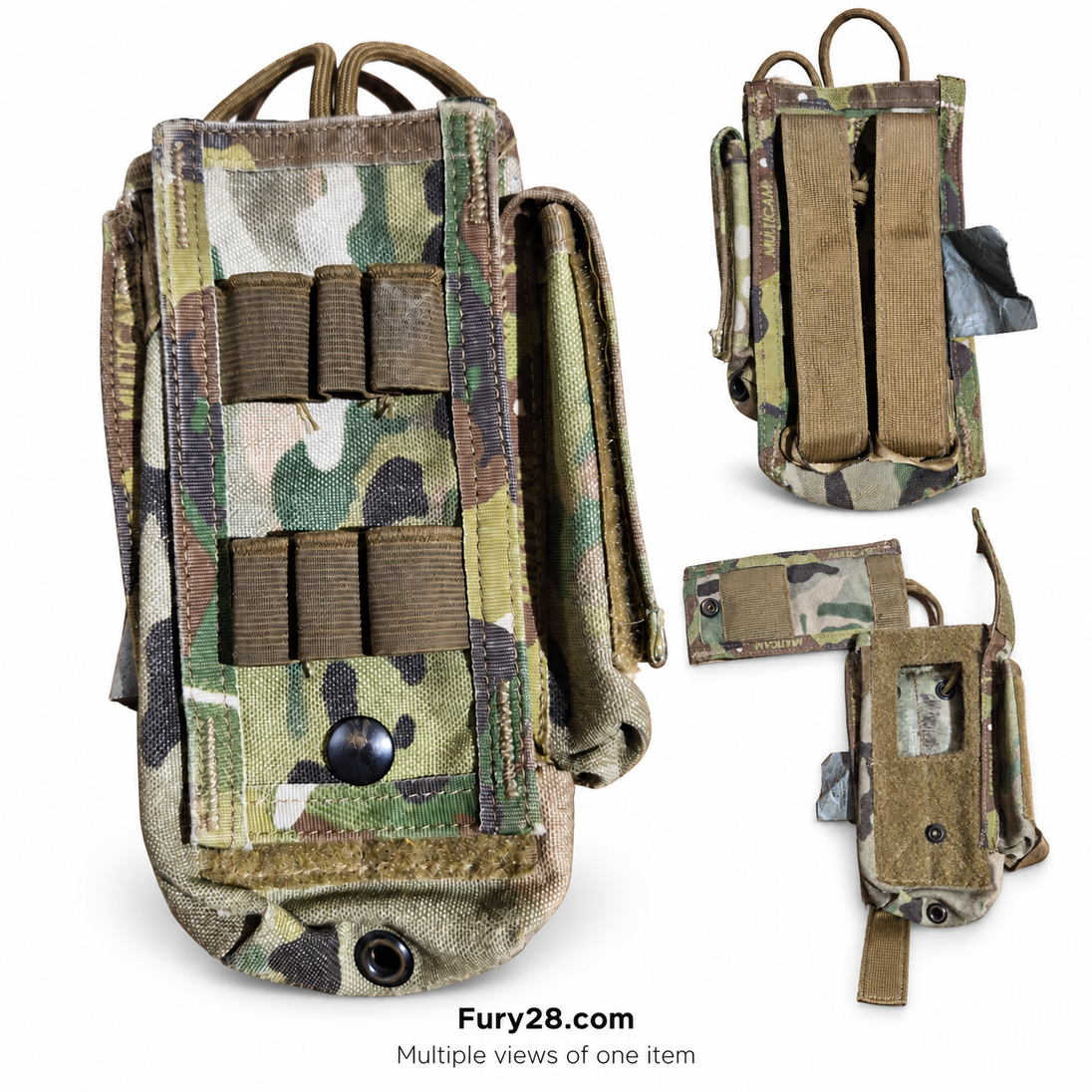 Fury28 collage showing front, rear and open views of one Paraclete MultiCam radio pouch
